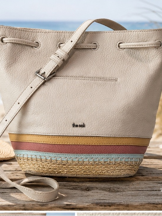 The Sak Handbags - The Sak Ivy Leather Drawstring Bucket Bag cream coastal with striped woven trim